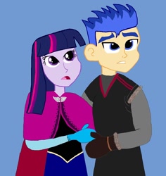 Size: 1000x1058 | Tagged: safe, artist:youngmacintoshlassie, derpibooru import, flash sentry, twilight sparkle, equestria girls, 1000 hours in ms paint, anna, cosplay, disney, female, flashlight, frozen (movie), kristoff, male, ms paint, shipping, straight