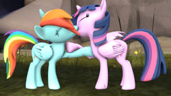 Size: 1280x720 | Tagged: safe, artist:geneticanomaly, derpibooru import, rainbow dash, twilight sparkle, twilight sparkle (alicorn), alicorn, pegasus, pony, 3d, female, kissing, lesbian, mare, shipping, source filmmaker, twidash