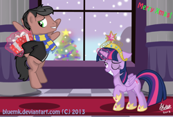 Size: 1010x681 | Tagged: safe, artist:bluemk, derpibooru import, twilight sparkle, twilight sparkle (alicorn), oc, alicorn, pony, canon x oc, christmas, clothes, female, floppy ears, flying, grin, hearth's warming eve, magic, mare, raised hoof, scarf, shipping, smiling, telekinesis, wink