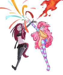 Size: 1024x1220 | Tagged: safe, artist:congee-painting, pinkie pie, anthro, ambiguous facial structure, armpits, belly button, breasts, clothes, duality, evening gloves, firebending, fireworks, gloves, latex, pinkamena diane pie, pixiv, simple background, socks, solo, striped socks, transparent background, underboob