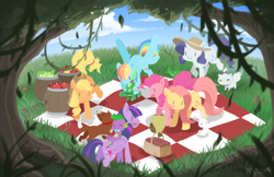 Size: 1020x660 | Tagged: safe, artist:mousu, derpibooru import, angel bunny, applejack, fluttershy, opalescence, owlowiscious, pinkie pie, rainbow dash, rarity, spike, tank, twilight sparkle, twilight sparkle (alicorn), winona, alicorn, dragon, earth pony, pegasus, pony, unicorn, cute, female, mane seven, mane six, mare, picnic