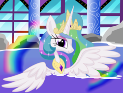 Size: 1600x1200 | Tagged: safe, artist:lovehtf421, princess celestia, alicorn, pony, bath, bathing, bedroom eyes, eyeshadow, looking at you, makeup, rainbow, smiling, solo, spread wings, water