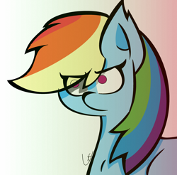 Size: 2928x2880 | Tagged: safe, artist:nekocycy, derpibooru import, rainbow dash, pegasus, pony, :, bust, female, glare, gradient background, mare, portrait, rainbow dash is not amused, solo, unamused