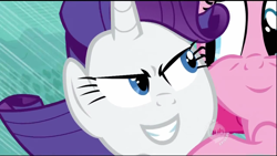 Size: 1280x720 | Tagged: safe, pinkie pie, rarity, earth pony, pony, unicorn, evil grin, inverted mouth, rapeface