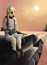 Size: 4000x5500 | Tagged: safe, artist:misterjuly, fluttershy, anthro, unguligrade anthro, clothes, frown, glare, gun, machine gun, military, sitting, solo, sun, tank (vehicle), trigger discipline, uniform, weapon, winter