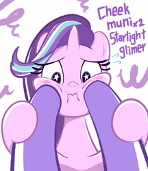 Size: 2126x2455 | Tagged: safe, artist:garammasara, firelight, starlight glimmer, pony, unicorn, cheek squish, father and child, father and daughter, female, male, offscreen character, parent and child, squishy cheeks, starry eyes, wingding eyes