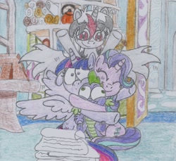 Size: 1407x1288 | Tagged: safe, artist:nephilim rider, spike, starlight glimmer, twilight sparkle, twilight sparkle (alicorn), oc, oc:heaven lost, alicorn, dragon, pony, unicorn, a horse shoe-in, hug, nephilim, traditional art, winged spike