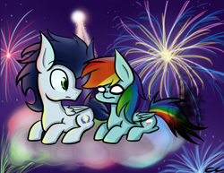 Size: 1024x792 | Tagged: safe, artist:littlecloudie, derpibooru import, rainbow dash, soarin', pegasus, pony, burnt, female, fireworks, male, shipping, soarindash, straight