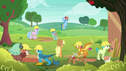 Size: 1366x768 | Tagged: safe, derpibooru import, screencap, applejack, gallus, ocellus, rainbow dash, sandbar, silverstream, smolder, yona, changedling, changeling, classical hippogriff, dragon, earth pony, griffon, hippogriff, pegasus, pony, yak, non-compete clause, apple tree, board, bow, cloven hooves, construction, dragoness, female, field, flying, hair bow, hard hat, helmet, male, mare, monkey swings, mouth hold, paintbrush, saw, student six, teenager, tree