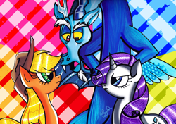 Size: 726x511 | Tagged: safe, artist:aurora-chiaro, applejack, discord, rarity, earth pony, pony, unicorn, blue flu