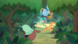 Size: 1366x768 | Tagged: safe, derpibooru import, screencap, applejack, gallus, ocellus, rainbow dash, sandbar, silverstream, smolder, yona, dragon, earth pony, pegasus, pony, non-compete clause, confused, dragoness, female, flying, forest, male, mare, student six, tree