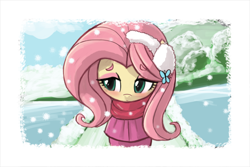 Size: 1280x853 | Tagged: dead source, source needed, safe, artist:lumineko, fluttershy, pegasus, pony, blushing, clothes, coat, earmuffs, smiling, snow, snowfall, solo, winter