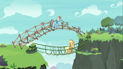 Size: 1366x768 | Tagged: safe, derpibooru import, screencap, applejack, rainbow dash, earth pony, pegasus, pony, non-compete clause, breaking the laws of physics, bridge, cartoon physics, cliff, duo, female, mare, mouth hold, ravine, rope bridge, stick, this will end in tears, vine