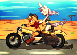 Size: 990x700 | Tagged: safe, artist:nitronic, applejack, oc, oc:floating s petal, earth pony, pony, belly button, desert, front knot midriff, midriff, motorcycle, road trip