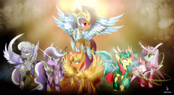 Size: 3840x2095 | Tagged: safe, artist:zidanemina, apple bloom, diamond tiara, scootaloo, silver spoon, sunset shimmer, sweetie belle, earth pony, pegasus, pony, unicorn, anime crossover, armor, crossover, cutie mark crusaders, female, filly, god cloth, mare, saint seiya