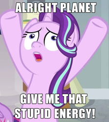 Size: 539x603 | Tagged: safe, edit, edited screencap, screencap, starlight glimmer, twilight sparkle, twilight sparkle (alicorn), alicorn, pony, unicorn, a horse shoe-in, caption, cell (dbz), cropped, dragon ball z, dragon ball z budokai 3, female, hooves in air, mare, offscreen character, open mouth, text, wide eyes