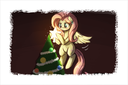 Size: 1134x756 | Tagged: safe, artist:lumineko, fluttershy, pegasus, pony, blushing, christmas tree, flying, smiling, solo, stars, tree