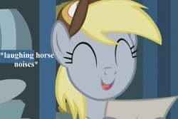 Size: 972x648 | Tagged: safe, edit, edited screencap, screencap, derpy hooves, best gift ever, cropped, cute, derpabetes, descriptive noise, funny (reaction image), hat, horse noises, mailmare hat, paper, post office, reaction image, solo, text