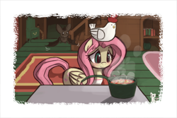 Size: 1134x756 | Tagged: dead source, source needed, safe, artist:lumineko, fluttershy, bat, chicken, mouse, pegasus, pony, blushing, cooking, food, smiling, soup, stove