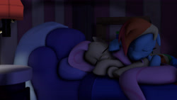 Size: 5760x3240 | Tagged: safe, artist:funsketch, derpibooru import, fluttershy, rainbow dash, pegasus, pony, 3d, bed, bedroom, cuddling, cute, female, flutterdash, lesbian, shipping, sleeping, snuggling, source filmmaker