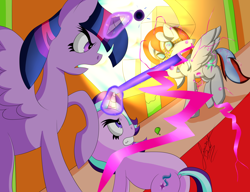 Size: 3000x2300 | Tagged: safe, artist:jimmy draws, starlight glimmer, twilight sparkle, twilight sparkle (alicorn), oc, oc:thunder andreos, alicorn, pegasus, pony, unicorn, princess twilight sparkle (episode), cutie mark, demi-god, fight, glasses, magic, mask, new god of thunder, thunder