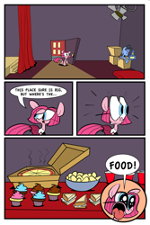 Size: 1280x1920 | Tagged: safe, artist:joeywaggoner, pinkie pie, earth pony, pony, too many pinkie pies, chips, comic, cupcake, diane, eye bulging, food, pinkie clone, pizza, potato chips, sandwich, the clone that got away