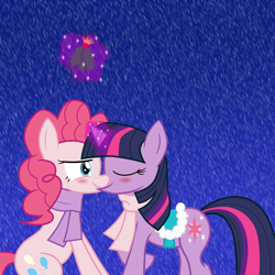 Size: 6000x6000 | Tagged: safe, artist:verappp, derpibooru import, pinkie pie, twilight sparkle, earth pony, pony, absurd resolution, christmas, clothes, female, holly, holly mistaken for mistletoe, kissing, lesbian, saddle, scarf, shipping, twinkie