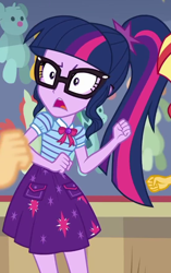 Size: 548x874 | Tagged: safe, screencap, sci-twi, sunset shimmer, twilight sparkle, better together, equestria girls, rollercoaster of friendship, clothes, cropped, female, geode of telekinesis, glasses, magical geodes, ponytail, shrunken pupils, skirt, solo focus