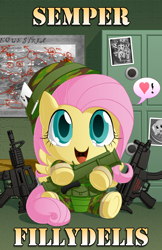 Size: 1100x1700 | Tagged: safe, artist:berrypawnch, fluttershy, pegasus, pony, ar15, berrypawnch is trying to murder us, chibi, clothes, cute, filly, gun, m4a1, m72 law, map, map of equestria, marines, mp5, no nose, rocket launcher, semper fi, shyabetes, solo, this will end in tears, uniform