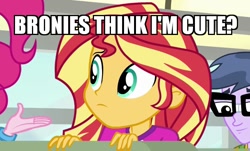 Size: 649x393 | Tagged: safe, edit, screencap, microchips, pinkie pie, sunset shimmer, equestria girls, legend of everfree, bronybait, cropped, cute, frown, image macro, meme, shimmerbetes, smiling, solo focus, text