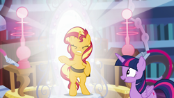 Size: 1920x1080 | Tagged: safe, screencap, sunset shimmer, twilight sparkle, twilight sparkle (alicorn), alicorn, pony, unicorn, better together, equestria girls, forgotten friendship, bipedal, duo, female, light, mare