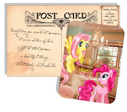 Size: 1100x978 | Tagged: safe, artist:tiffanymarsou, fluttershy, pinkie pie, earth pony, pegasus, pony, female, mare, postcard