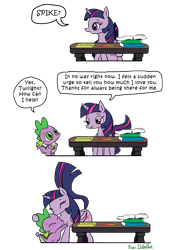 Size: 600x850 | Tagged: safe, artist:foudubulbe, derpibooru import, spike, twilight sparkle, twilight sparkle (alicorn), alicorn, dragon, pony, comic, dialogue, female, hug, mare, spikelove, table