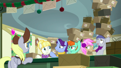 Size: 1438x808 | Tagged: safe, screencap, derpy hooves, november rain, peppermint goldylinks, slate sentiments, strawberry scoop, summer breeze, earth pony, pegasus, pony, unicorn, best gift ever, background pony, box, boxes, clothes, desk, discovery family logo, earmuffs, female, friendship student, hair bun, hat, mailmare, mailmare hat, male, mare, package, post office, scarf, stack, stallion