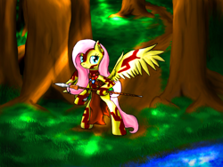 Size: 1024x768 | Tagged: safe, artist:jagarbrony, fluttershy, pegasus, pony, bipedal, clothes, solo, spear, tattoo