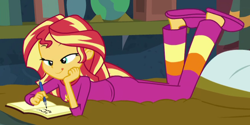 Size: 654x328 | Tagged: safe, screencap, sunset shimmer, better together, equestria girls, forgotten friendship, clothes, cropped, pajamas, solo, tongue out