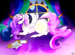 Size: 1280x946 | Tagged: safe, artist:malik, artist:malikoathkeeper, princess celestia, alicorn, pony, bed, looking at you, mare in the moon, moon, night, plot, prone, scroll, solo, window