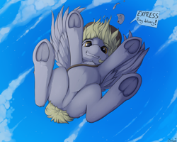 Size: 1280x1024 | Tagged: safe, artist:blackkaries, derpy hooves, pegasus, pony, cute, derpabetes, featureless crotch, female, frog (hoof), grin, incoming, it's coming right at us, looking at you, looking down, looking down at you, low angle, mail, mare, sky, smiling, smiling at you, solo, underhoof, wings, worm's eye view