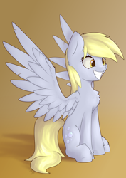 Size: 2720x3847 | Tagged: safe, artist:renderpoint, derpibooru exclusive, derpy hooves, pegasus, pony, chest fluff, cute, derpabetes, female, grin, happy, mare, simple background, sitting, smiling, solo, spread wings, wings