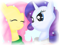 Size: 2600x1976 | Tagged: safe, artist:rachelsrandomart, fluttershy, rarity, pegasus, pony, unicorn, female, mare, pink mane, purple mane, white coat, yellow coat