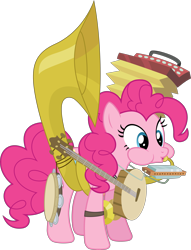 Size: 4588x6000 | Tagged: safe, artist:plsim, pinkie pie, earth pony, pony, absurd resolution, banjo, cymbals, harmonica, musical instrument, simple background, solo, sousaphone, tambourine, transparent background, tuba, vector