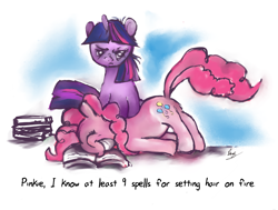 Size: 2662x2010 | Tagged: safe, artist:danshumway, derpibooru import, pinkie pie, twilight sparkle, earth pony, pony, book, fire