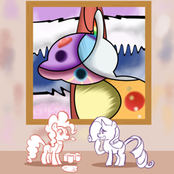 Size: 1000x1000 | Tagged: safe, artist:empyu, pinkie pie, rarity, earth pony, pony, unicorn, abstract, female, horn, mare