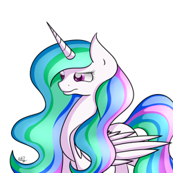 Size: 900x900 | Tagged: safe, artist:iamartsdesire, princess celestia, alicorn, pony, female, horn, mare, missing accessory, multicolored mane, multicolored tail, solo, white coat, white wings, wings