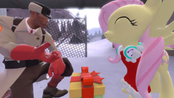 Size: 1191x670 | Tagged: safe, fluttershy, pegasus, pony, christmas, crossover, medic, parody, present, team fortress 2