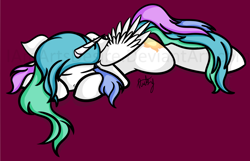 Size: 1024x658 | Tagged: safe, artist:iamartsdesire, princess celestia, alicorn, pony, eyes closed, prone, simple background, sleeping, solo, watermark