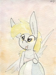 Size: 696x939 | Tagged: safe, artist:slightlyshade, derpy hooves, pony, beach ball, bikini, bikini top, clothes, solo, swimsuit, tongue out, traditional art