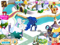 Size: 960x720 | Tagged: safe, screencap, princess celestia, princess luna, alicorn, pony, butt wings, gameloft, gameloft shenanigans