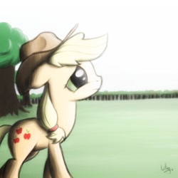 Size: 1000x1000 | Tagged: safe, artist:mr-asshole-leaxxx, applejack, earth pony, pony, floppy ears, looking up, solo, tree