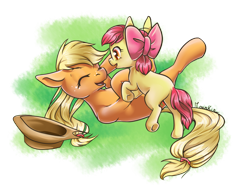 Size: 950x720 | Tagged: safe, artist:moenkin, apple bloom, applejack, earth pony, pony, adorabloom, cute, happy, playing, simple background, transparent background